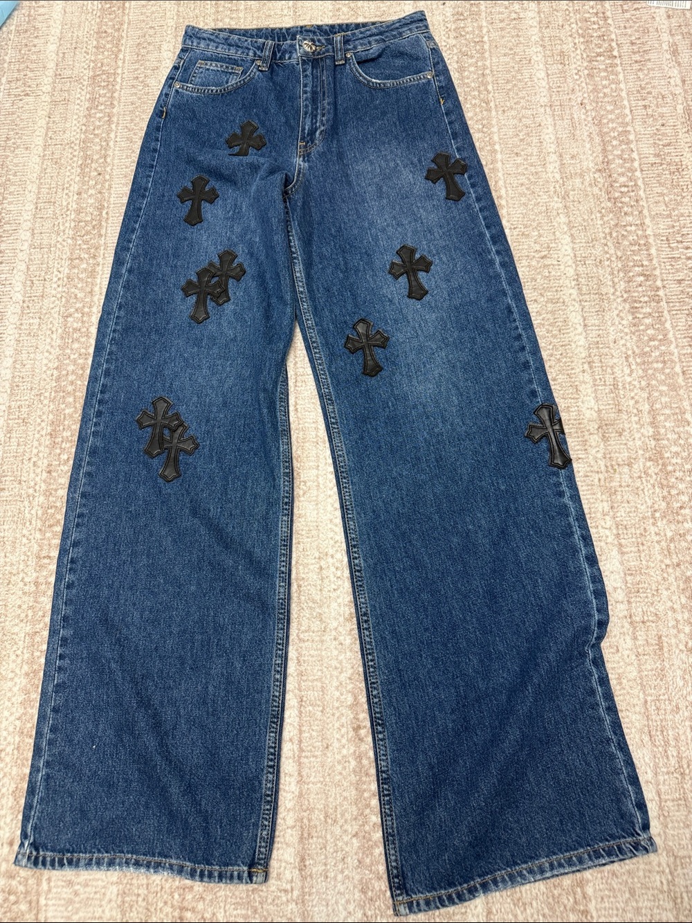 Blue Wide-Leg Cross Patch Denim Jeans